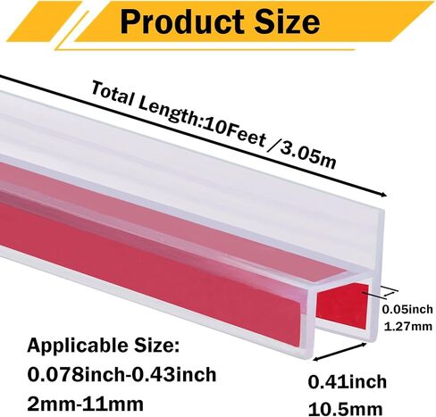 10 Feet Shower Door Side Seal Strip for 3/8" (10mm) Glass, Frameless Shower Door Side Silicone Seal Strip for Bathroom Showers Water Guard Sweep Barrier in Kuwait