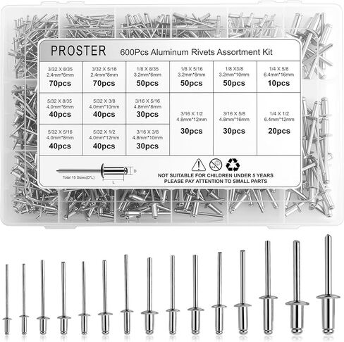 Proster 600Pcs Aluminum Blind Rivets Assortment Kit - 15 Most Common Sizes (3/32" - 1/4") with Portable Storage Case for Auto Repair, Metalworking & DIY Projects in Saudi Arabia