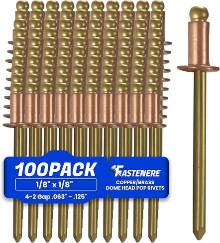 Fastenere Copper Pop Rivets - 1/8" x 1/8" (100 Pack) Copper Body Brass Mandrel, Heavy Duty, Open-End, Dome-Head Blind Rivets, Corrosion-Resistant & High Shear Strength, 4-2 Gap .063" - .125" in Saudi Arabia