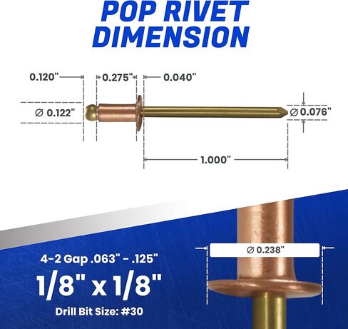 Fastenere Copper Pop Rivets - 1/8" x 1/8" (100 Pack) Copper Body Brass Mandrel, Heavy Duty, Open-End, Dome-Head Blind Rivets, Corrosion-Resistant & High Shear Strength, 4-2 Gap .063" - .125" in Saudi Arabia