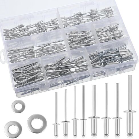 600Pcs Pop Rivets with Washer Assortment Kit, 8 Size Aluminum Blind Rivet(1/8" 5/32" 3/16") and 5 Size 304 Stainless Steel Backup Washer, for Metal Furniture Instrument DIY Repair, with Storage Case in Saudi Arabia