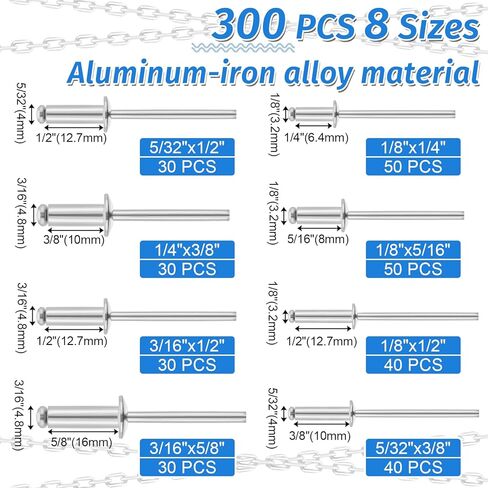 600Pcs Pop Rivets with Washer Assortment Kit, 8 Size Aluminum Blind Rivet(1/8" 5/32" 3/16") and 5 Size 304 Stainless Steel Backup Washer, for Metal Furniture Instrument DIY Repair, with Storage Case in Saudi Arabia