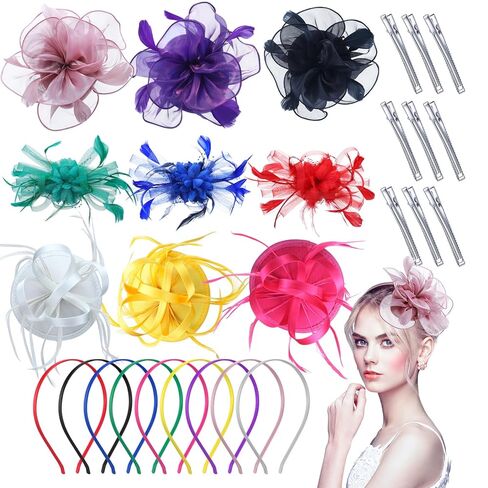 Roshtia 6pcs DIY Women Hats for Derby Party ، DIY Fascinator Hats Flower Mesh Feather on Headband with Hair Clips for Tea Party Wedding (Vivid) in Kuwait