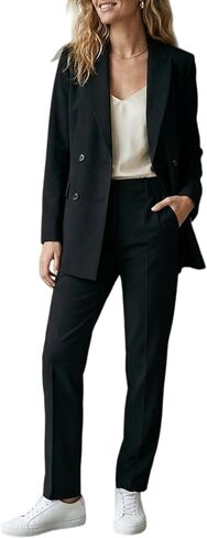 Women's 2 Pieces Pant Suits, Double Breasted Blazer Set, Casual Loose Long Blazer Jackets and Long Pant Suits with Pockets in Kuwait