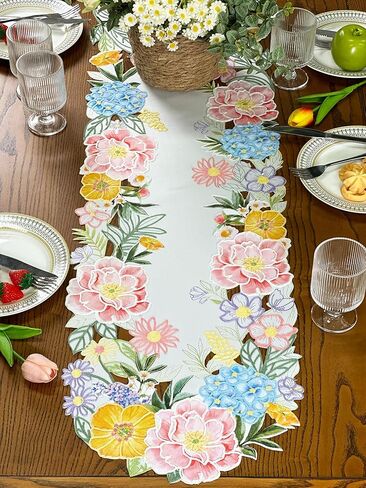 مفرش طاولة زنبركي زهري من KEVA مقاس 13 × 72 بوصة، مفرش طاولة مطرز بالزهور ومفرش طاولة، ديكورات طاولة الربيع الموسمية لعيد الفصح لطاولة طعام المطبخ (13 × 72 بوصة) in Kuwait