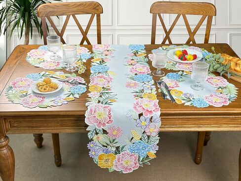 مفرش طاولة زنبركي زهري من KEVA مقاس 13 × 72 بوصة، مفرش طاولة مطرز بالزهور ومفرش طاولة، ديكورات طاولة الربيع الموسمية لعيد الفصح لطاولة طعام المطبخ (13 × 72 بوصة) in Kuwait