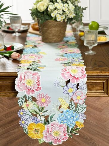 مفرش طاولة زنبركي زهري من KEVA مقاس 13 × 72 بوصة، مفرش طاولة مطرز بالزهور ومفرش طاولة، ديكورات طاولة الربيع الموسمية لعيد الفصح لطاولة طعام المطبخ (13 × 72 بوصة) in Kuwait