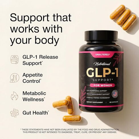 مكمل GLP-1 غير المتغير للنساء - دعم طبيعي للرغبة الشديدة والوزن وصحة الأمعاء - مكونات تم اختبارها سريريًا، تركيبة كيميائية حيوية، نباتية - 60 كبسولة in Kuwait