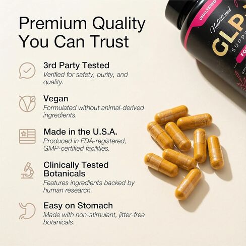 مكمل GLP-1 غير المتغير للنساء - دعم طبيعي للرغبة الشديدة والوزن وصحة الأمعاء - مكونات تم اختبارها سريريًا، تركيبة كيميائية حيوية، نباتية - 60 كبسولة in Kuwait