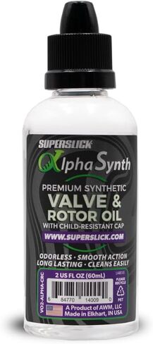 Superslick AlphaSynth Light Viscosity Valve & Rotor Oil – 2 oz (60 ml) – Synthetic Brass Instrument Lubricant, Odorless & Non-Staining – Proudly Made in the USA in Kuwait