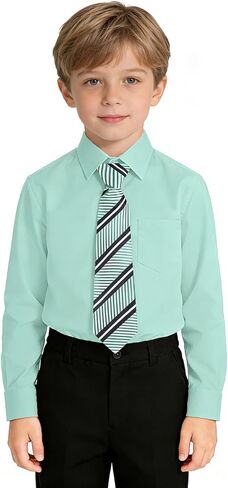 Boys Long Sleeve Dress Shirt and Tie Set Collared Button-Down Uniform Shirts for Kids in Kuwait