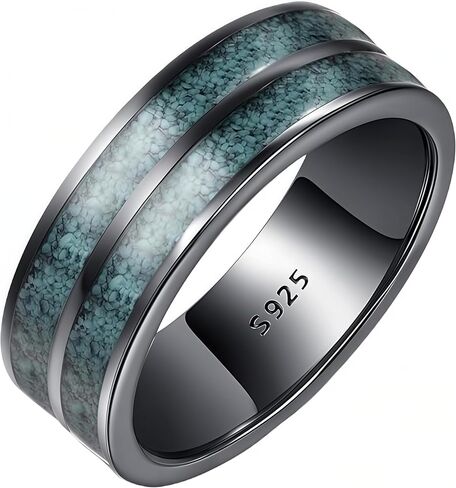 حلقات سوداء للرجال ، عصابات الزفاف مع الفيروز ، 925 من الجنيه الاسترليني خاتم الخطوبة ، مصقولة عالية ، راحة الحجم 5-15 in Kuwait