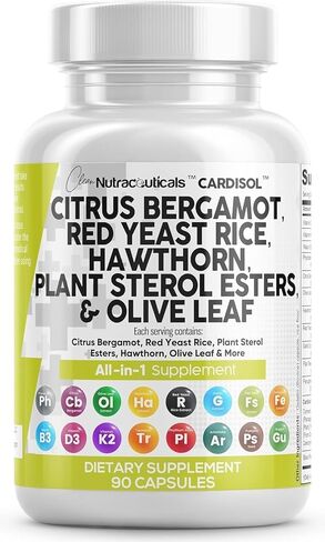 Clean Nutraceuticals Citrus Bergamot Red Yeast Rice Capsules with Plant Sterols - with Hawthorn Extract Olive Leaf Niacin Vitamin K3 D3 COQ10 Guggul & More in Saudi Arabia