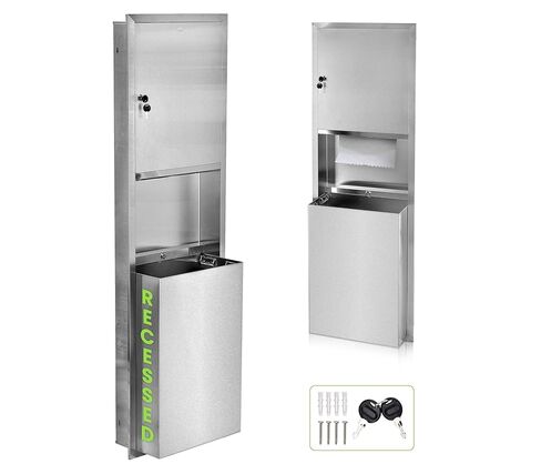 Alpine Recessed Commercial Paper Towel Dispenser with 12 Gallon Wall Trash Can, Stainless Steel for C Fold, Multifold and Tri Fold Paper Towels, Brushed Finish, Lockable for Commercial Bathrooms in Saudi Arabia