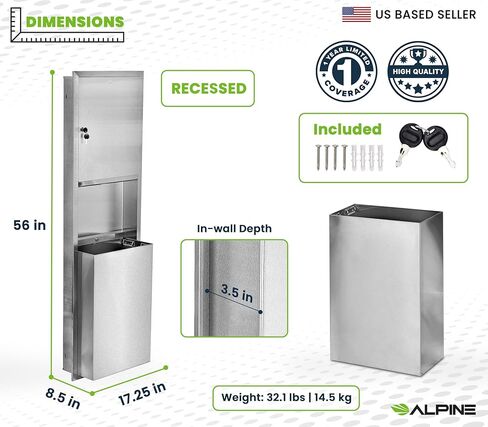 Alpine Recessed Commercial Paper Towel Dispenser with 12 Gallon Wall Trash Can, Stainless Steel for C Fold, Multifold and Tri Fold Paper Towels, Brushed Finish, Lockable for Commercial Bathrooms in Saudi Arabia