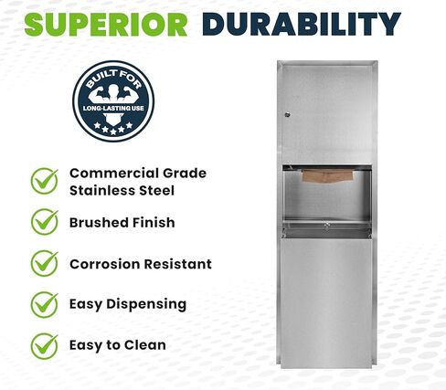 Alpine Recessed Commercial Paper Towel Dispenser with 12 Gallon Wall Trash Can, Stainless Steel for C Fold, Multifold and Tri Fold Paper Towels, Brushed Finish, Lockable for Commercial Bathrooms in Saudi Arabia