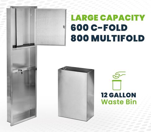 Alpine Recessed Commercial Paper Towel Dispenser with 12 Gallon Wall Trash Can, Stainless Steel for C Fold, Multifold and Tri Fold Paper Towels, Brushed Finish, Lockable for Commercial Bathrooms in Saudi Arabia