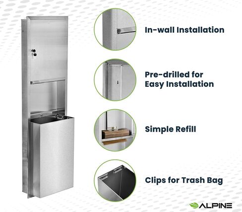 Alpine Recessed Commercial Paper Towel Dispenser with 12 Gallon Wall Trash Can, Stainless Steel for C Fold, Multifold and Tri Fold Paper Towels, Brushed Finish, Lockable for Commercial Bathrooms in Saudi Arabia