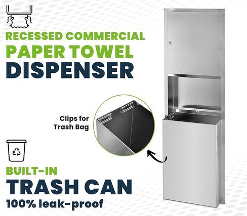 Alpine Recessed Commercial Paper Towel Dispenser with 12 Gallon Wall Trash Can, Stainless Steel for C Fold, Multifold and Tri Fold Paper Towels, Brushed Finish, Lockable for Commercial Bathrooms in Saudi Arabia