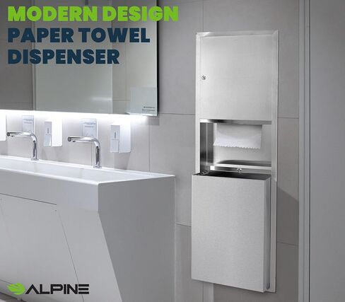 Alpine Recessed Commercial Paper Towel Dispenser with 12 Gallon Wall Trash Can, Stainless Steel for C Fold, Multifold and Tri Fold Paper Towels, Brushed Finish, Lockable for Commercial Bathrooms in Saudi Arabia