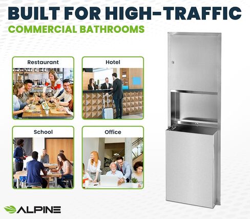 Alpine Recessed Commercial Paper Towel Dispenser with 12 Gallon Wall Trash Can, Stainless Steel for C Fold, Multifold and Tri Fold Paper Towels, Brushed Finish, Lockable for Commercial Bathrooms in Saudi Arabia