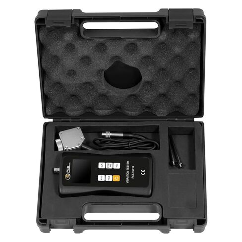 جهاز PCE Instruments PCE-VM 10 مقياس اهتزاز رقمي محمول لمراقبة الماكينة، ويقيس تسارع الاهتزاز والسرعة والإزاحة، إلى جانب تسجيل البيانات ووظائف تثبيت الذروة in Kuwait