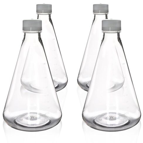 Eisco - Pack of 4, 2L Sterile PETG Erlenmeyer Flasks, Non-Vented, Flat Bottom, Lab-Grade, Gamma Sterilized, USP Class VI, Ideal for Cell Culture, Biopharmaceutical Processing, Chemical Storage in Saudi Arabia