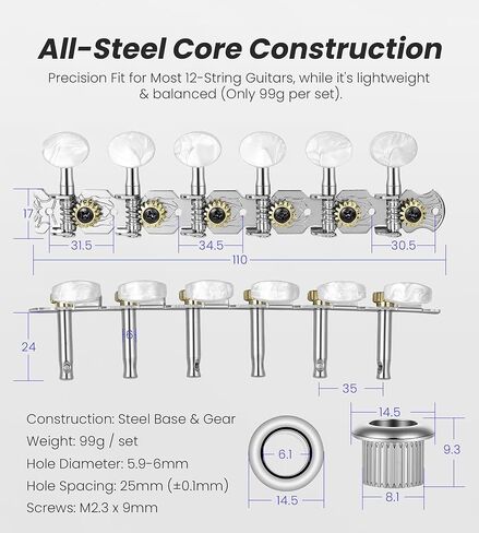 12 String Guitar Tuning Pegs Acoustic 6R6L, 1:15 Gear Ratio, 12 String Acoustic Guitars Tuning Knobs Tuning Machines, Chrome Plated, Single Hole in Kuwait