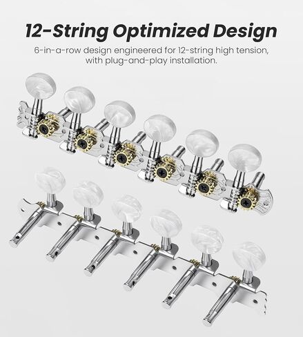 12 String Guitar Tuning Pegs Acoustic 6R6L, 1:15 Gear Ratio, 12 String Acoustic Guitars Tuning Knobs Tuning Machines, Chrome Plated, Single Hole in Kuwait