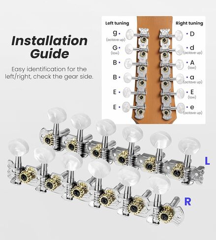 12 String Guitar Tuning Pegs Acoustic 6R6L, 1:15 Gear Ratio, 12 String Acoustic Guitars Tuning Knobs Tuning Machines, Chrome Plated, Single Hole in Kuwait