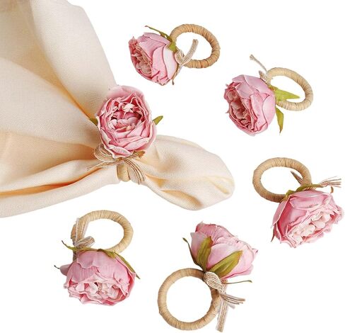 Handcraft Flower Napkin Rings Set of 6,Pink Peony Flower Handmade Napkin Holder Rings Table Decorations for Summer,Wedding,Luncheons,Picnics,Banquet, Birthday,Christmas,Valentine's, Thanksgiving in Kuwait
