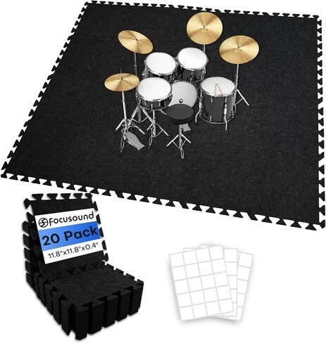 Focusound 20Pcs Sound Absorbing Interlocking Drum Rug, 11.8 x 11.8 x 0.4 inches High Density Soundproof Floor Mats, Non-Slip Anti Vibration Piano Carpet Drum Mat for Music Studio, Black in Kuwait