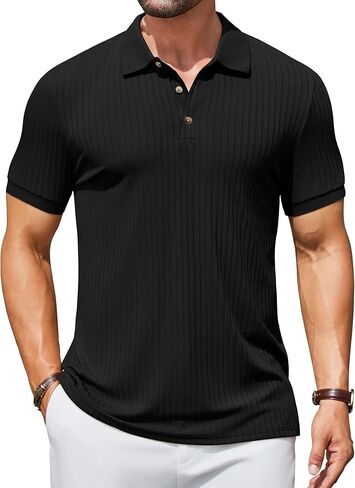 COOFANDY Men's Textured Polo Shirts Short Sleeve Slim Fit Casual Button Polo T-Shirt Summer Collared Golf Shirt in Kuwait