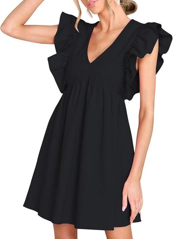 FANCYINN Women's Summer Casual Babydoll Mini Dress Ruffle Sleeveless Deep V Neck High Waist Swing Tunic Dress with Pockets in Kuwait