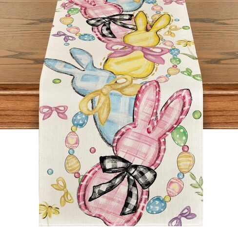 Artoid Mode Floral Bow Bunny Rabbits Eggs Easter Table Runner, Seasonal Spring Kitchen Dining Table Decoration for Home Party Decor 13x72 Inch in Saudi Arabia