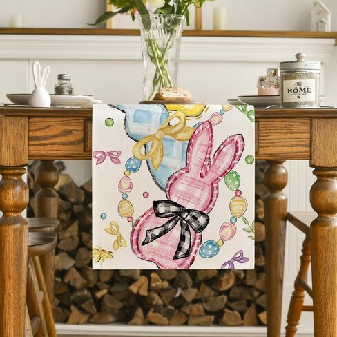 Artoid Mode Floral Bow Bunny Rabbits Eggs Easter Table Runner, Seasonal Spring Kitchen Dining Table Decoration for Home Party Decor 13x72 Inch in Saudi Arabia