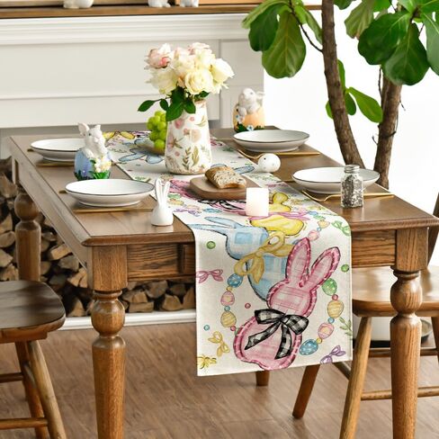Artoid Mode Floral Bow Bunny Rabbits Eggs Easter Table Runner, Seasonal Spring Kitchen Dining Table Decoration for Home Party Decor 13x72 Inch in Saudi Arabia