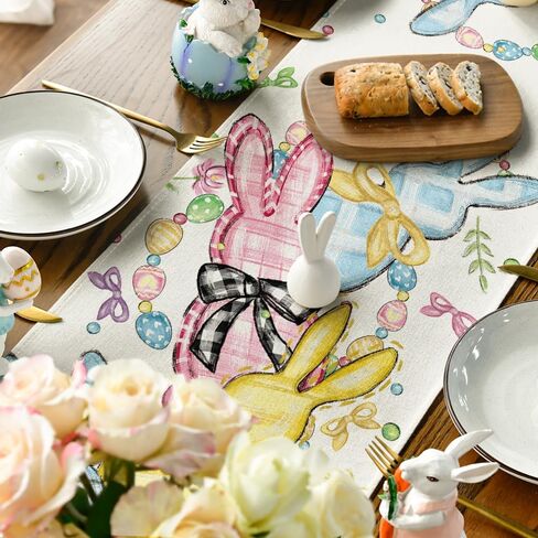 Artoid Mode Floral Bow Bunny Rabbits Eggs Easter Table Runner, Seasonal Spring Kitchen Dining Table Decoration for Home Party Decor 13x72 Inch in Saudi Arabia