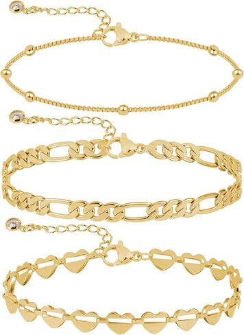 LEXODY Gold Ankle Bracelets for Women Waterproof, 14K Gold/Silver Plated Layered Beaded Heart Anklets for Women Trendy Dainty Cuban Link Chain Anklets Set Summer Beach Jewelry Gift in Kuwait