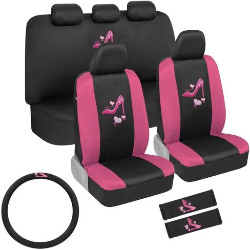 BDK Two-Tone Pink Heels Car Seat Covers Full Set with Steering Wheel Cover and Seat Belt Pads – Front and Rear Covers with Matching Embroidered Accessories, Fits Most Cars Trucks Vans SUVs, SCPRINTS in Saudi Arabia
