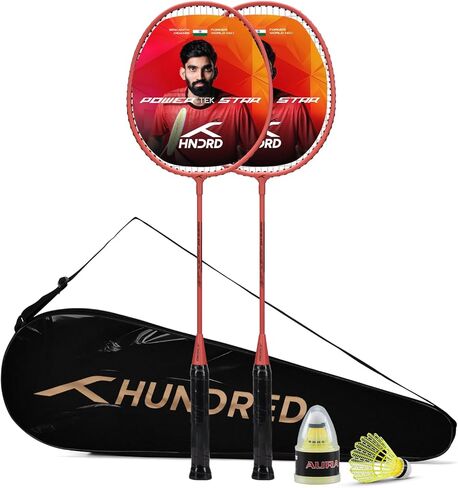 مجموعة مضارب كرة الريشة Hundred Powertek Star مكونة من 2، مضارب مسبقة التثبيت مع غطاء كامل و2 كرة ريشة من النايلون، مجموعة خفيفة الوزن ومتينة لتنس الريشة للمبتدئين واللعب الترفيهي in Kuwait