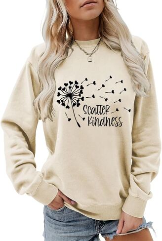FORHVIPS كن نوع البلوز للنساء اللطف الهندباء القلب الجرافيك قميص Crewneck كم طويل ملهمة البلوز القمم in Kuwait