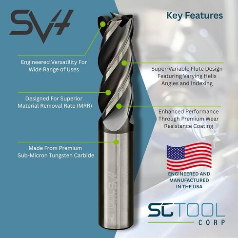 SCT20089 SV4 4-Flute, 1/2" Diameter, 1-1/4" Cutting Length, .120" Corner Radius, Center Cut, 3.0" OAL, Coated, 1/2" Shank Dia., High Performance Variable Helix Carbide Endmill for Ferrous Materials in Kuwait
