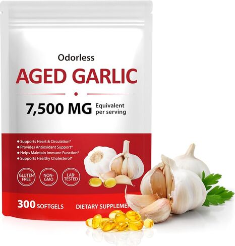 Aged Garlic Extract Capsules 7,500mg, Odorless Garlic Supplements, Fast Acting & Visible Effect in Days, Support Heart Health, Immune Boost Antioxidant Benefits, Non-GMO, 300 Softgels, 5-Month Supply in Kuwait