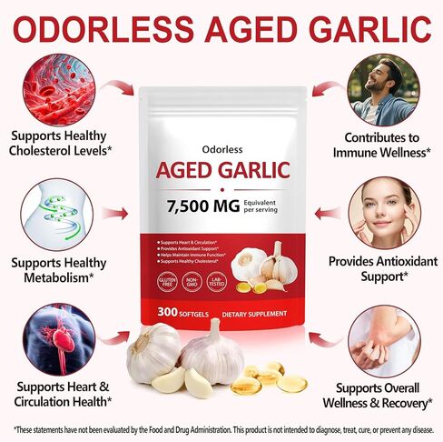 Aged Garlic Extract Capsules 7,500mg, Odorless Garlic Supplements, Fast Acting & Visible Effect in Days, Support Heart Health, Immune Boost Antioxidant Benefits, Non-GMO, 300 Softgels, 5-Month Supply in Kuwait