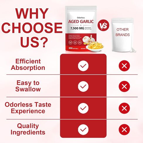 Aged Garlic Extract Capsules 7,500mg, Odorless Garlic Supplements, Fast Acting & Visible Effect in Days, Support Heart Health, Immune Boost Antioxidant Benefits, Non-GMO, 300 Softgels, 5-Month Supply in Kuwait