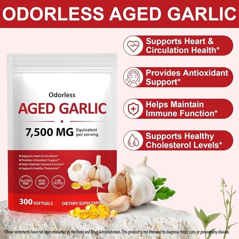 كبسولات مستخلص الثوم المعتق عديمة الرائحة، عدد 300، 7500 ملجم من مكمل الثوم العضوي المعتق للقلب، دعم عشبي تقليدي، ينضج لمدة عامين من أجل الصحة العامة، غير معدل وراثيًا، خالي من الغلوتين in Kuwait