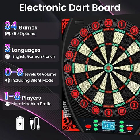 لوحات رمي ​​السهام الإلكترونية للبالغين مع حلقة أرقام مضيئة، شاشة LED بإضاءة خلفية، مطالبات صوتية، لوحة رمي السهام الكهربائية مع 34 لعبة و369 خيارًا، لوحة رمي السهام الإلكترونية ذات الطرف الناعم لعدد 1-8 لاعبين in Kuwait