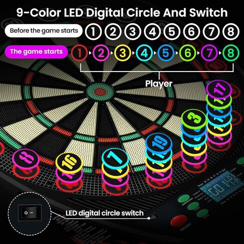 لوحات رمي ​​السهام الإلكترونية للبالغين مع حلقة أرقام مضيئة، شاشة LED بإضاءة خلفية، مطالبات صوتية، لوحة رمي السهام الكهربائية مع 34 لعبة و369 خيارًا، لوحة رمي السهام الإلكترونية ذات الطرف الناعم لعدد 1-8 لاعبين in Kuwait