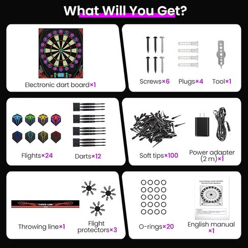 لوحات رمي ​​السهام الإلكترونية للبالغين مع حلقة أرقام مضيئة، شاشة LED بإضاءة خلفية، مطالبات صوتية، لوحة رمي السهام الكهربائية مع 34 لعبة و369 خيارًا، لوحة رمي السهام الإلكترونية ذات الطرف الناعم لعدد 1-8 لاعبين in Kuwait